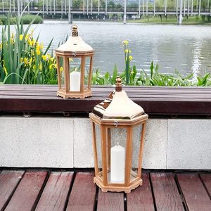 Farol Decorativo de Madera con Tapa de Metal Dorado, Farol de Vidrio Rústico Estilo Granja para Decoración del Hogar y Bodas - Product Image 2
