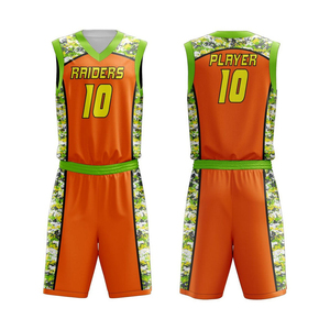 Camiseta de Baloncesto Sublimada Personalizada Raiders, Cuello en V, Sin Mangas, Secado Rápido, Ajuste Atlético, Unisex para Adultos, Camuflaje Naranja y Verde en la Parte Delantera - Product Image 1