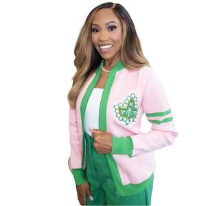 Chaqueta Bomber Tejida AKA Pink Pretty Girl para Mujer, Cárdigan con Letras Griegas, Prenda Casual de Punto Premium y Elegante - Product Image 1