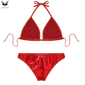 Bikini Rojo Metálico Brillante con Top Triángulo Micro y Bragas de Cintura Baja con Anillo para Fiestas en la Playa y Piscina, Conjunto de Sujetador y Bragas de Cuero para Mujer - Product Image 5