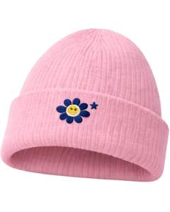 Gorro de Punto Acanalado Rosa con Logotipo de Flor Sonriente Bordado, Gorro de Invierno Cálido y Suave de Acrílico, Fabricante Personalizado OEM, Unisex - Product Image 1