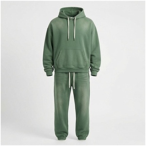 Conjunto Deportivo Unisex Verde, Sudadera con Capucha y Cordón Ajustable, Color Sólido, Corte Holgado Informal, Ropa de Otoño, 100% Algodón de Peso Medio - Product Image 1