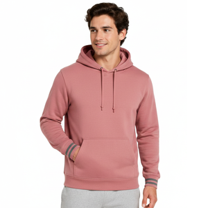 Sweat à capuche pour homme tendance et très demandé, couleur rose poussiéreuse, avec poignets rayés gris, style streetwear pour homme, sweat à capuche pull-over - Product Image 1