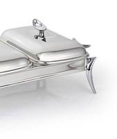 Plat de service de luxe en acier inoxydable à double compartiment, chauffe-plat buffet professionnel, station de service traiteur avec accents dorés