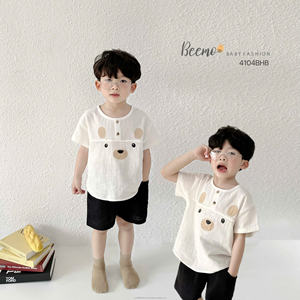 Pyjama d'été décontracté 2 pièces en toile de coton de haute qualité avec imprimé ours mignon, vêtements de maison pour tout-petit garçon, ensembles de vêtements de printemps - Product Image 2