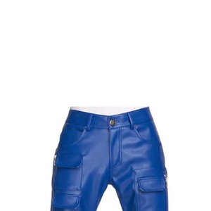 Pantalon cargo pour homme en cuir bleu enduit, respirant, léger, taille mi-haute, coupe droite, plusieurs poches, décontracté, fermeture éclair, hiver - Product Image 4