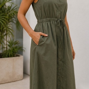 Sleeveless V-Neck Midi <b>Dress</b> With Drawstring Waist And Button Front Casual A-Line Cotton <b>Dress</b> For Summer Daily Wear - Product Image 2