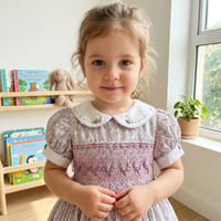 Fabricante Mayorista de Ropa, Vestido para Niñas Hecho a Mano con Diseño Floral Geométrico Morado, Estilo Inglés, Satinado, Transpirable y Ecológico