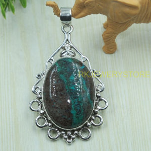 Pendentif en chrysocolle naturelle, argent sterling 925, fait main, forme ovale vintage, design filigrané, bijoux pour femme, cadeau pour elle - Product Image 2