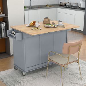 Isola Cucina Mobile con Piano in Legno Massello, Larghezza 52,7 Pollici, Armadietto Contenitore, Ruote Bloccabili, Bar Colazione, Carrello Cucina con Piano Ribaltabile - Product Image 4
