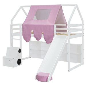 Lit mezzanine en bois blanc et rose pour enfants, taille double, avec cadre en forme de maison et tente – Catégorie de produit : Lits pour enfants - Product Image 3