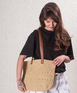 Bolso Tote de Rafia Hecho a Mano, Bolso de Hombro Tejido de Color Natural, Bolso de Uso Diario Artesanal, Bolso de Ganchillo Forrado - Product Image 2