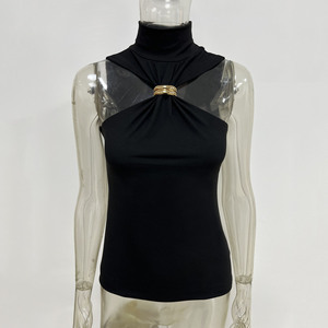 White Turtleneck Sleeveless Tank <b>Top</b> With <b>Metal</b> Ring Bow Detail Elegant Knitted Solid Women's <b>Tops</b> - Product Image 2