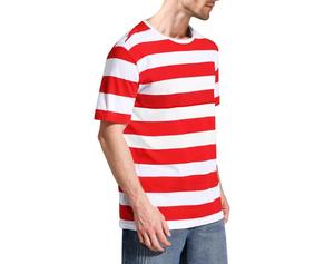 T-shirt décontracté à manches courtes et col rond pour homme, tricoté, coupe régulière, avec logo frontal rayé rouge et blanc, éco-responsable - Product Image 2