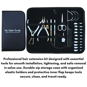 Kit de pinzas premium para extensiones de cabello con cinta adhesiva negra, con removedor de microperlas, agujas, tijeras y herramientas para extensiones de cabello. - Product Image 6
