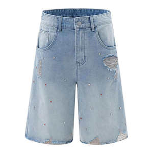 Shorts de Mezclilla Azul Claro Desgastados de Alta Calidad para Hombre, Transpirables, con Diseño de Pedrería, Lavado Ácido Personalizado, Ropa Urbana de Verano - Product Image 1