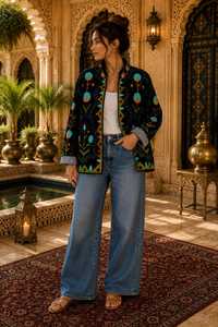 Veste florale folklorique en velours noir de luxe, artisanat intemporel, broderie Suzani faite à la main, manteau pour femme, vêtement d'extérieur bohème - Product Image 2