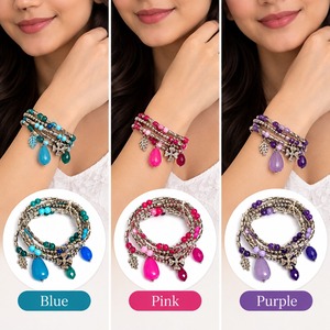 Ensemble de bracelets bohèmes pour femmes avec breloque croix et pendentif feuille, bijoux en alliage multi-brins empilables, plaqué argent antique - Product Image 3