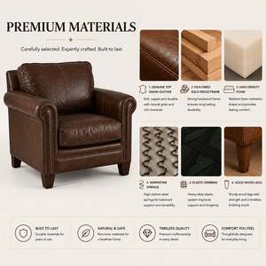 Sillón de Cuero Genuino, Resistente, con Brazos Enrollados y Adornos de Tachuelas, Sofá Individual para Sala de Estar, Muebles para el Hogar - Product Image 6
