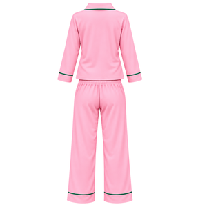 Womens <b>Pink</b> 1908 Embroidered Pajama Set with <b>Long</b> <b>Sleeve</b> Collared <b>Top</b> Adjustable Drawstring Trousers and Contrast Piping - Product Image 2