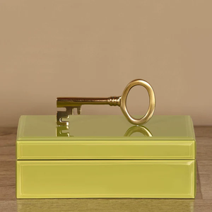 Pistachio Green Glass Jewelry Storage Box with <b>Gold</b> Key Accent Glossy Finish Decorative Keepsake and Vanity Organizer - Product Image 1