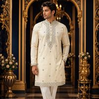 Ensemble Kurta Pyjama en Soie Pure avec Broderie en Fil Métallique sur le Col et Broderie Intégrale, Bas en Coton, Style Traditionnel pour Mariage, par Royal Export