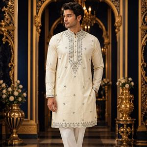 Pure Silk <b>Kurta</b> Pajama Set with Foil Thread Neck Work & All Over Embroidery, Cotton Bottom, Traditional Wedding By royal export - Product Image 2