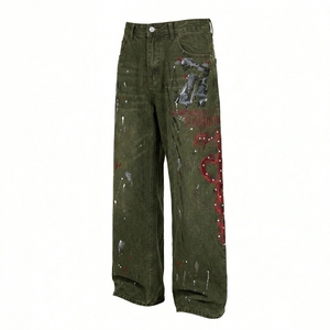 Jean en denim pour homme style américain, orné de strass, imprimé tie-dye, coupe ample et droite, tendance streetwear - Product Image 2