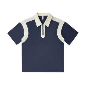 Polo Casual de Manga Corta para Parejas, Estilo Japonés Simple, 240 Gramos, Diseño Geométrico en Contraste en el Hombro, para Hombre, Primavera-Verano - Product Image 1