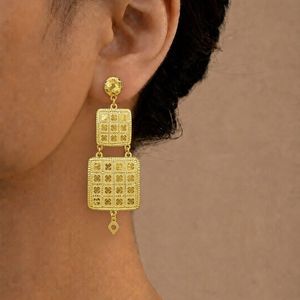 Wholesale 14K 18K 24K Gold Plated Tiered <b>Square</b> Filigree Dangle Earrings Middle Eastern Turkish South Asian Bridal Statement Set - Product Image 3
