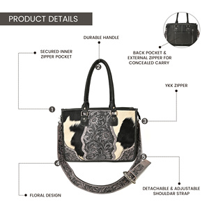 Western Cowhide Leather Tote Bag for Women Handmade Floral Tooled <b>Shoulder</b> Handbag with Adjustable <b>Strap</b> - Product Image 4
