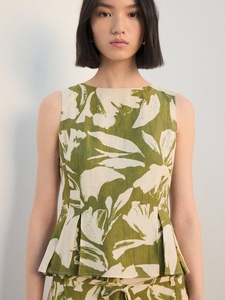 Womens Floral Peplum Tank Top Boat Neck Sleeveless Olive Green Cotton Linen <b>Summer</b> <b>Blouse</b> Apparel Manufacturer - Product Image 6