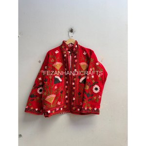 Indian <b>Women</b> Handmade Floral Embroidery <b>Velvet</b> <b>Jacket</b> Mandarin Collar Floral Suzani Style Short Coat Inside Cotton Lining <b>Jacket</b> - Product Image 3