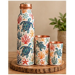 ขวดน้ำทองแดงลายใบมอนสเตอร่าสีเขียวมิ้นท์ พร้อมแก้วน้ำเข้าชุด ลายใบไม้เขตร้อน ภาชนะใส่เครื่องดื่มแบบพกพาสำหรับการเดินทาง - Product Image 6