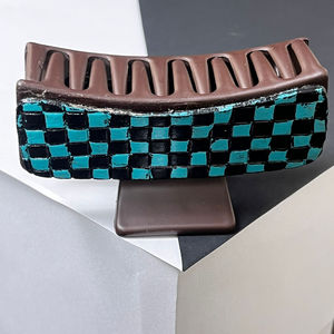 Personalized New Hand <b>Tooled</b> Genuine Leather Hair Claw <b>Clip</b> Large Luxury Hair Accessories Turquoise & Black Checkered Women's - Product Image 5