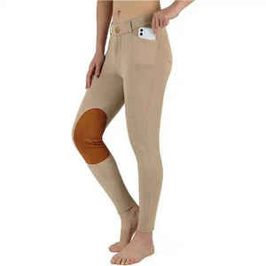 Pantalones de equitación de cintura alta para mujer, largos, de punto, de nailon y elastano, elásticos en cuatro direcciones, color beige liso, con parches en las rodillas y cremallera frontal. - Product Image 6