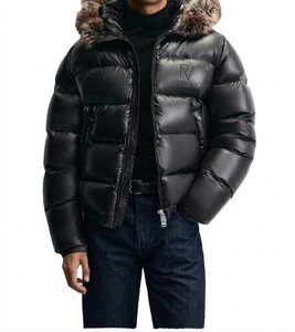 Veste matelassée noire en PU pour homme avec capuche en fourrure, logo embossé, fermeture éclair, manteau décontracté d'hiver pour homme - Product Image 1