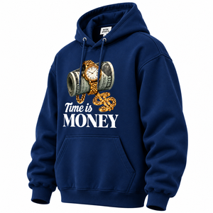 <b>Men's</b> <b>Navy</b> Blue Autumn <b>Fleece</b> Hoodie Time Is Money Graphic Print Casual Pullover with Kangaroo Pocket - Product Image 1