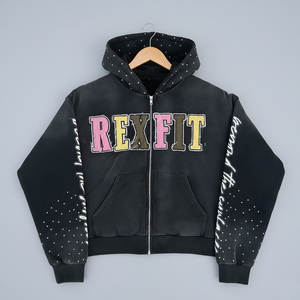Rexfit Sports Premium Cotton Fleece Acid Wash distressed Embroidered Full Zip Hoodie Custom Logo OEM Full Zipper Hoodies OEM - Product Image 1