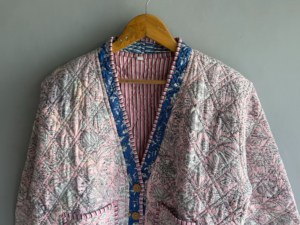 Pink Floral <b>Quilted</b> <b>Jacket</b> With V-Neck Three Quarter Sleeve Cotton Outerwear Spring Style Women's Coat GIFT FOR HER - Product Image 4