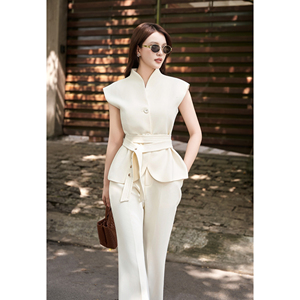 Women's for Two Piece <b>Set</b> Stand Collar Half Sleeve <b>Blazer</b> Flared Pants Polyester/Spandex Office Wear Regular Fit Belt Button - Product Image 3