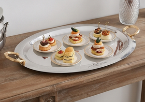 Artisanal Oval <b>Serving</b> <b>Tray</b> With <b>Gold</b> Ring Handles Polished Metal Finish For Residential Use Wedding Events Restaurant And Gifts - Product Image 3