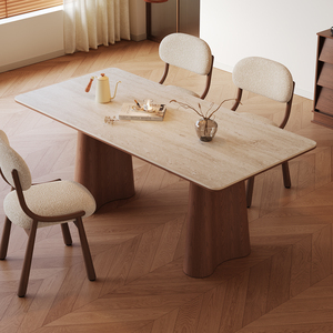 Tavolo da Pranzo Moderno in Stile Mid-Century in Pietra Sinterizzata Travertino, Colore <span class=keywords><strong>Noce</strong></span>, Rettangolare, Design Esclusivo - Product Image 1