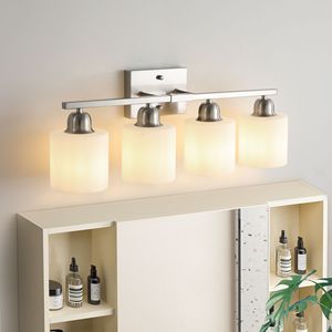 Lampada da Bagno Moderna a 4 Luci, Finitura Nichel Spazzolato con Paralume in Vetro Satinato Bianco Latte, Applique da Parete - Product Image 3
