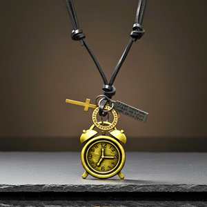 Fashion Pendant Necklace <b>Retro</b> Vintage 1.8-Inch Pure Stainless Steel <b>Clock</b> with Adjustable Leather Rope for Men & Boys - Product Image 2
