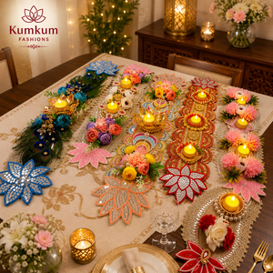 Trending <b>Mirror</b> Lotus Floral Beads Candle Table Runner Set for Diwali Wedding Festive Housewarming Party Dining Table Home Decor - Product Image 2