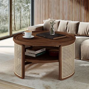 Tavolino da Caffè Rotondo a 2 Livelli in Legno con Base in Rattan e Vano Portaoggetti 31,3 Pollici - Product Image 1