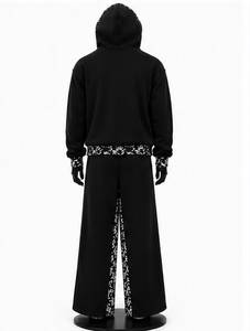 Ensemble de survêtement polaire réversible noir à capuche pour femme, grande taille, maternité, avec bordure florale, ourlet fendu, coupe régulière, longueur intégrale - Product Image 6