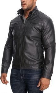 Men Black PU Leather Moto <b>Biker</b> <b>Jacket</b> Zipper Front Stand Collar Regular Sleeve Solid Color Autumn Style Windproof - Product Image 3