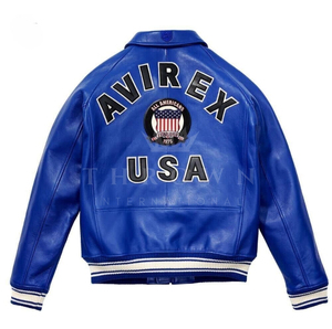 Blouson bomber Avirex rouge en cuir véritable imperméable à col montant avec logo sur le devant pour l'hiver - Product Image 4